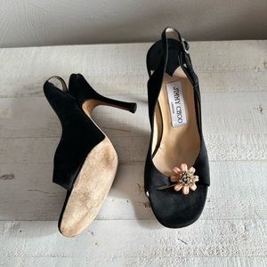Jimmy Choo Black Satin Flower Broach Square Toe Vintage Slingback Heels 37 1/2